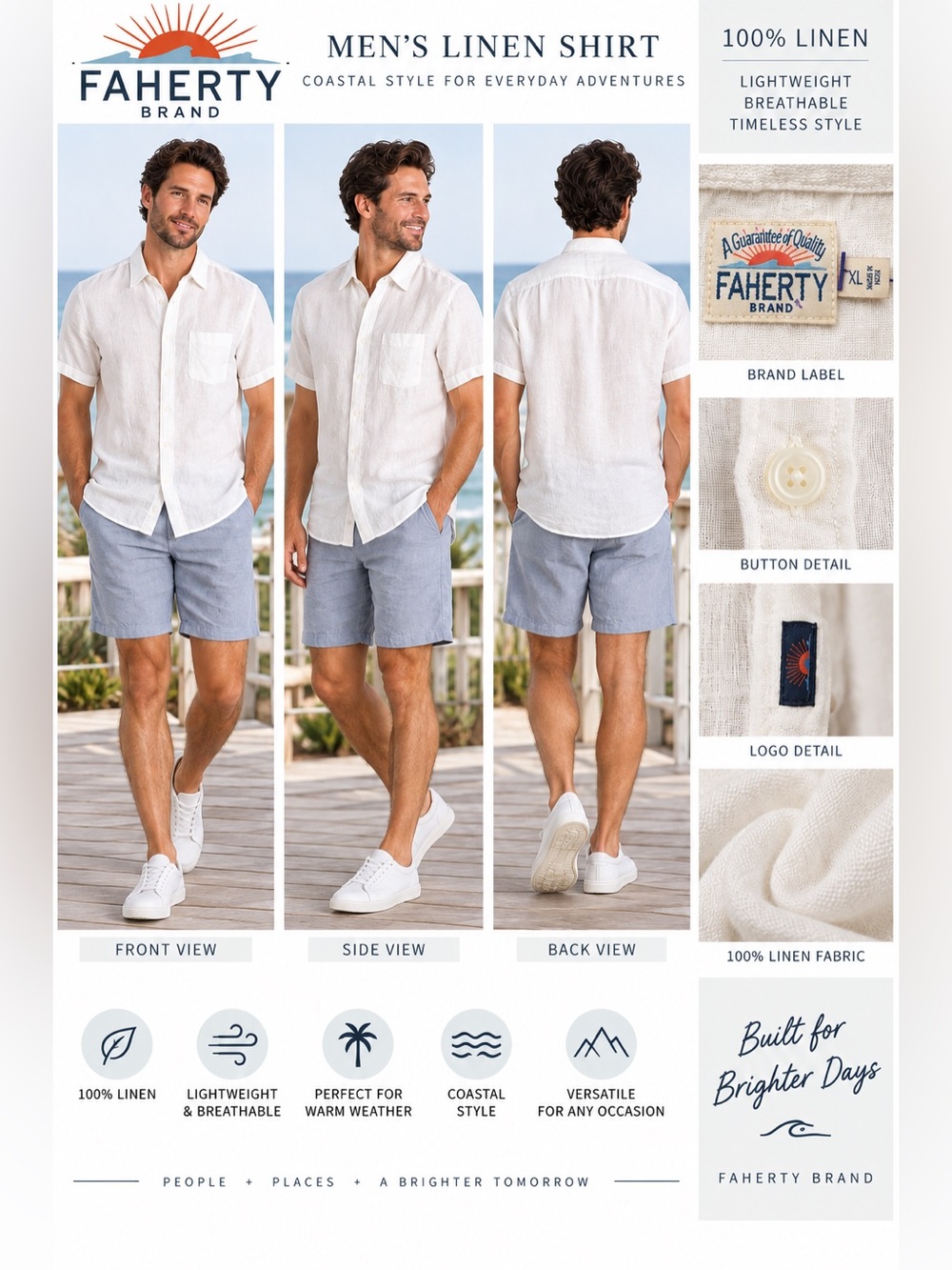 Faherty Brand Men’s XL 100% Linen Short Sleeve Button Up Shirt White